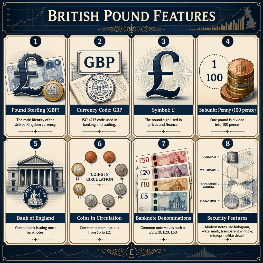 Grid infographic with 8 British pound feature cards, showing GBP symbol, notes, coins, bank, denominations, and security icons.