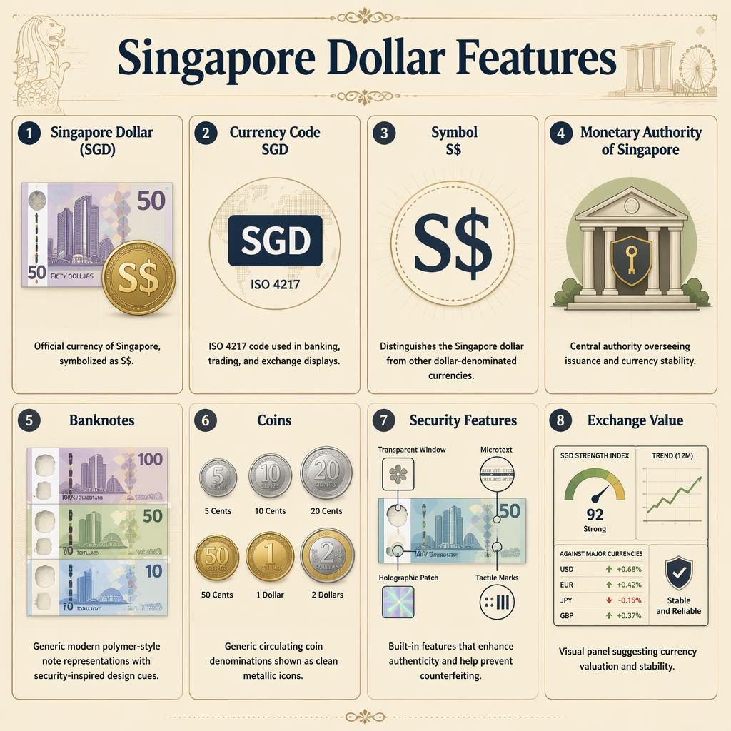Infografika s mřížkou 8 karet o SGD: kód, symbol S$, bankovky, mince, zabezpečení a zhodnocení měny.
