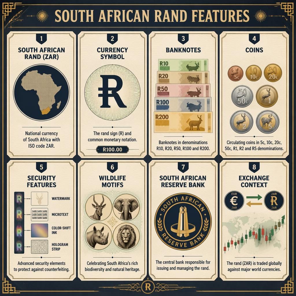 Infografika s 8 kartami o jihoafrickém randu ZAR, bankovkách, mincích, zabezpečení a forex kontextu.