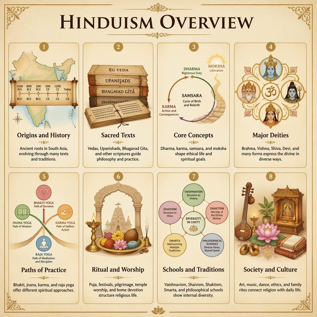 Infografik mit 8 Karten im Raster zu Hinduismus, in Pergament- und Goldtönen, mit Icons, englischen Titeln und Kurztexten.