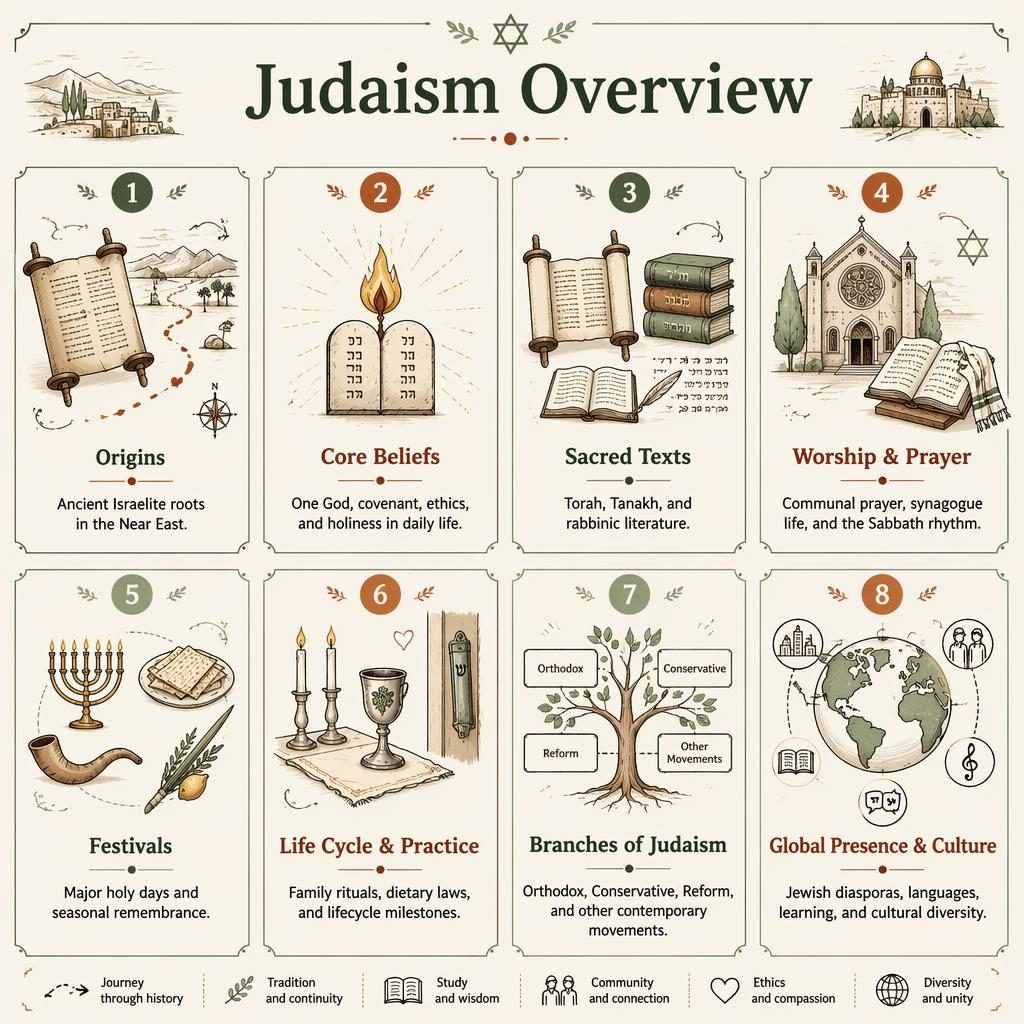 Card grid infographic on Judaism with 8 illustrated panels, icons, English labels, sage and rust scholarly sketchnote style.