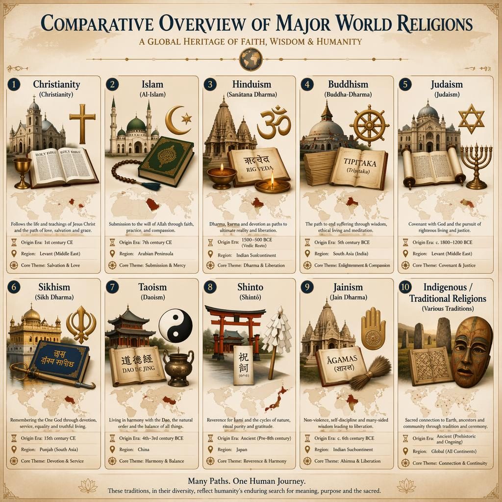 Infografía en cuadrícula con 10 tarjetas de religiones del mundo, iconos sagrados, mapas de origen y estilo editorial.
