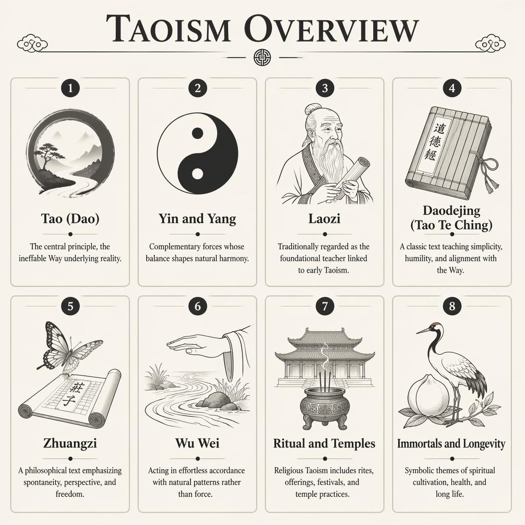 Monochrome Taoism overview infographic with 8 cards showing icons, English labels, and one-line descriptions.