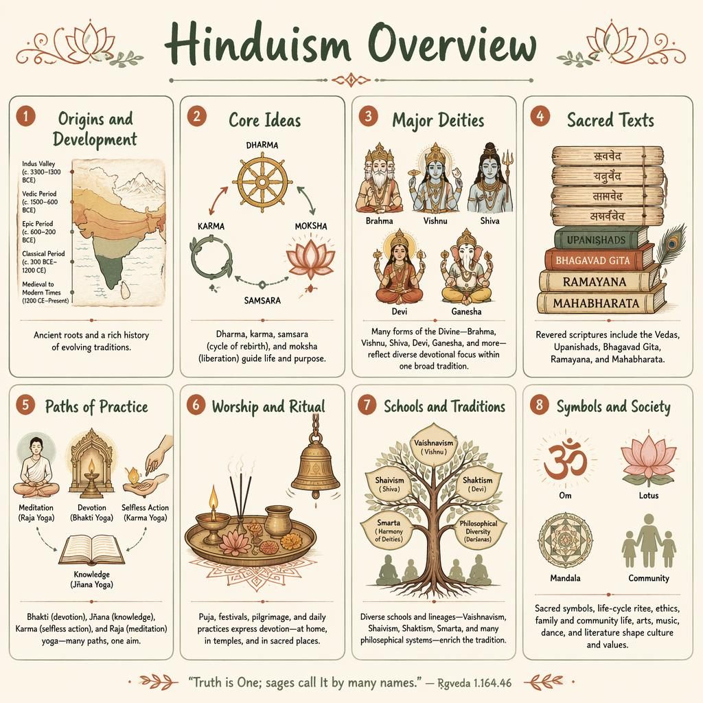 Infografik mit 8 Karten im Raster zu Hinduismus, skizzenhaft in Salbei und Rost, mit Icons, englischen Titeln und Kurztexten.
