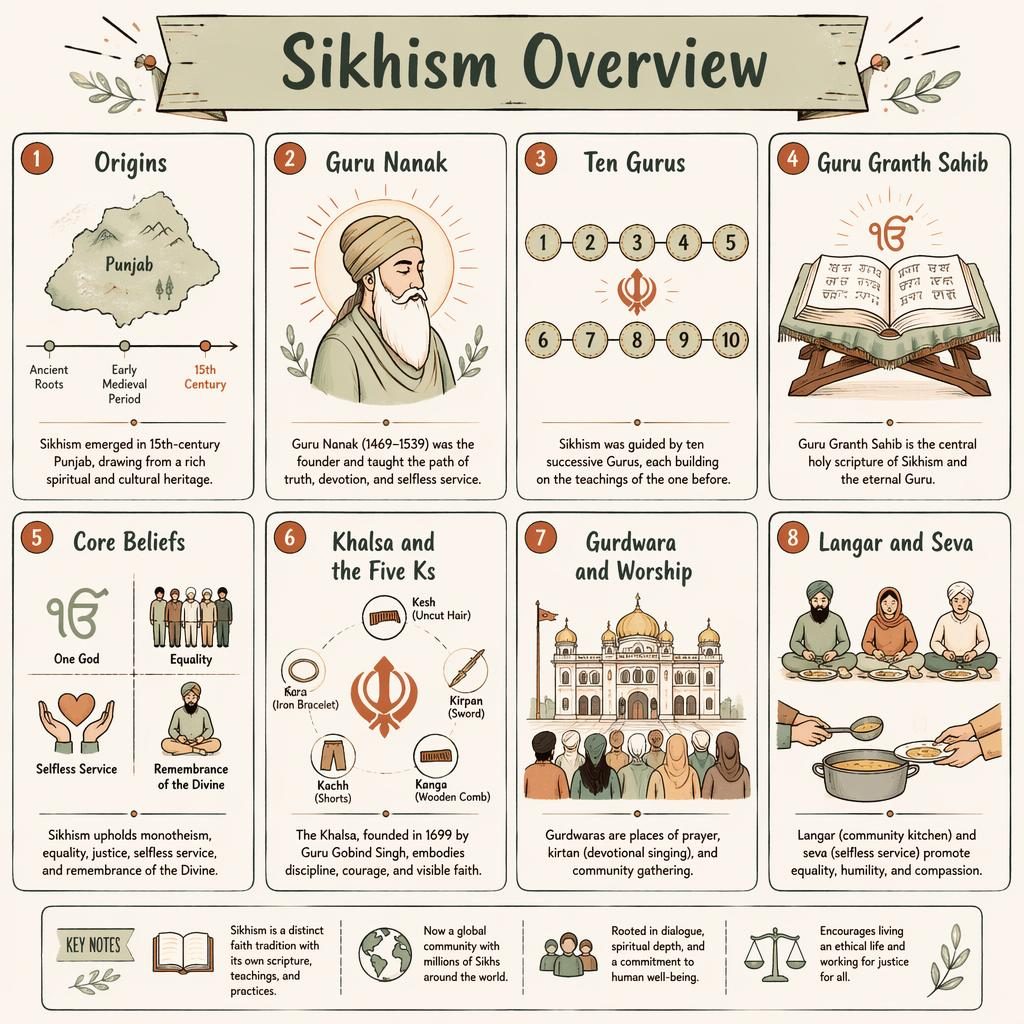 Sketchnote-style Sikhism Overview infographic with 8 illustrated cards, icons, English labels, sage and rust palette.