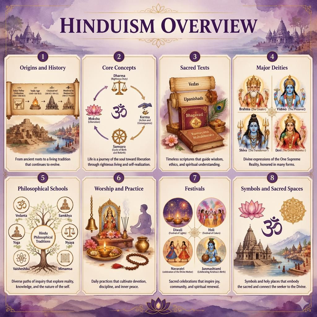 Raster-Infografik mit 8 Karten zu Hinduismus, Aquarellstil in Royal Purple, mit Symbolen, Diagrammen und englischen Labels.