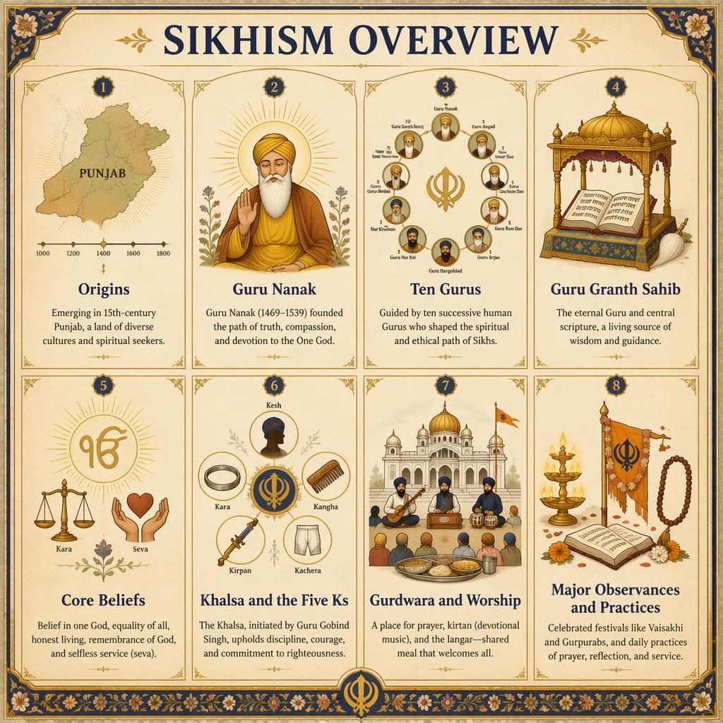 Editorial infographic with 8 Sikhism overview cards, icons, English labels, parchment texture, gold accents, and ornate borders.