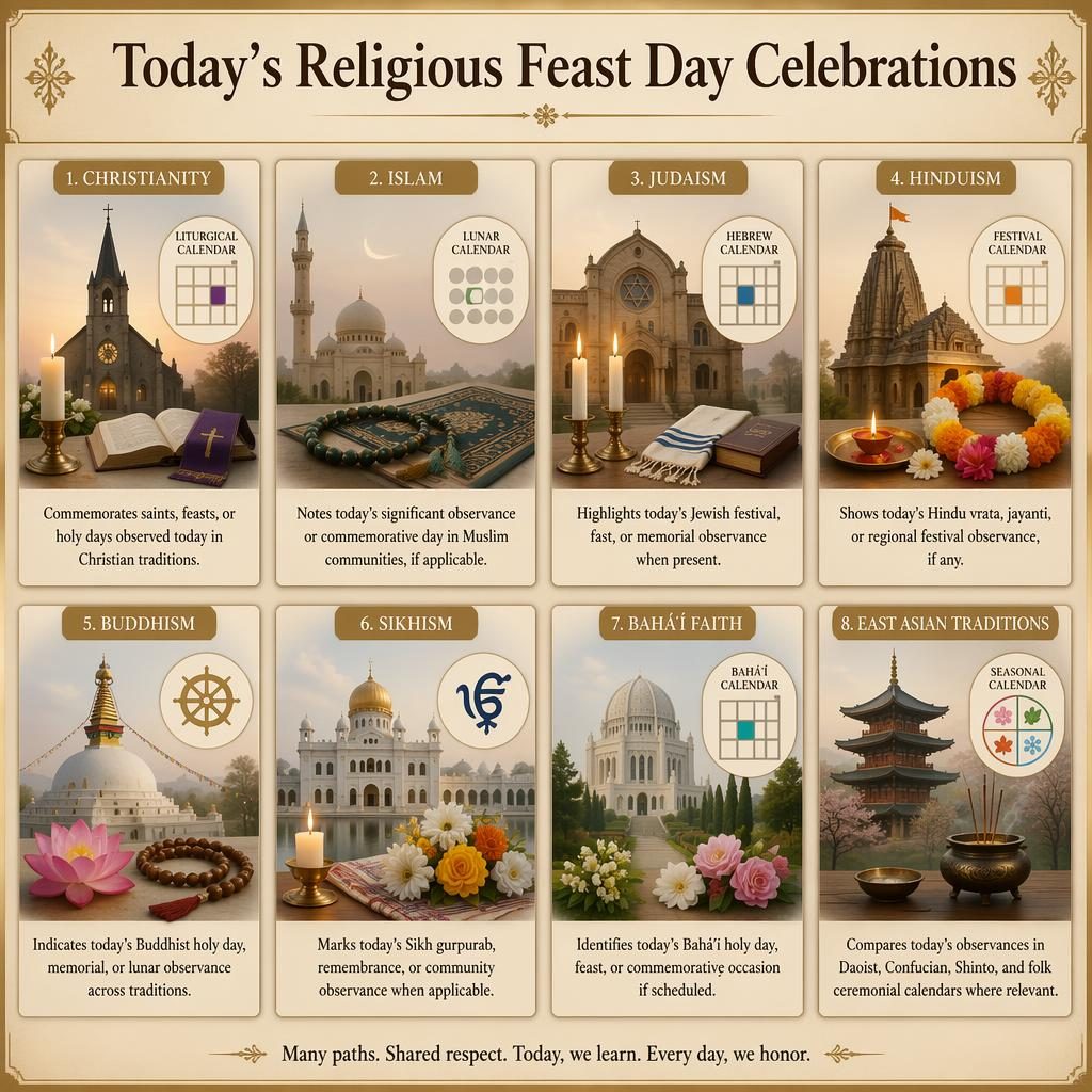 Infografía en cuadrícula con 8 tarjetas de celebraciones religiosas de hoy, iconos sagrados, calendarios y tono editorial.