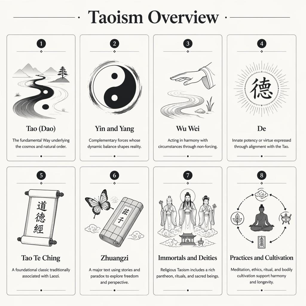 Monochrome Taoism Overview infographic with 8 cards showing icons, English headings, and one-line descriptions.