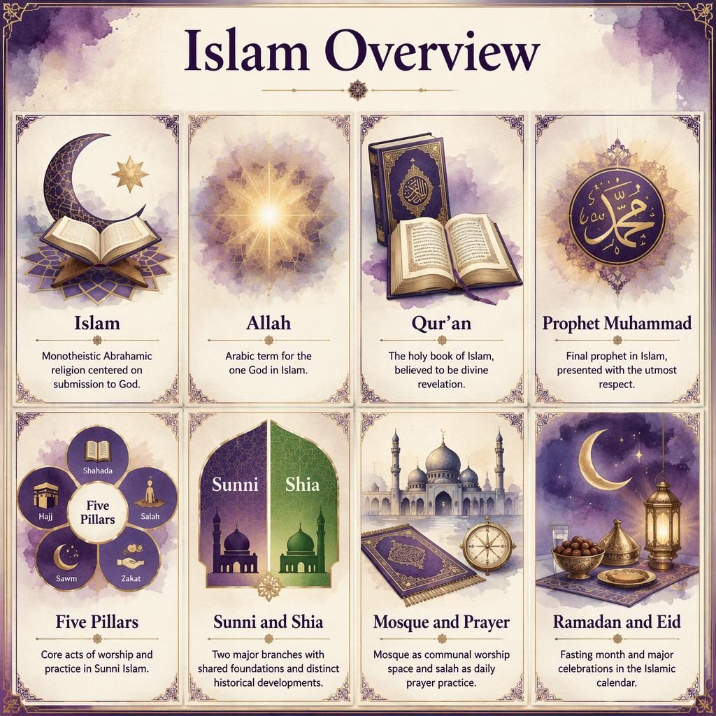 Editorial infographic titled Islam Overview with 8 purple watercolor cards, each showing a symbolic icon and English text.