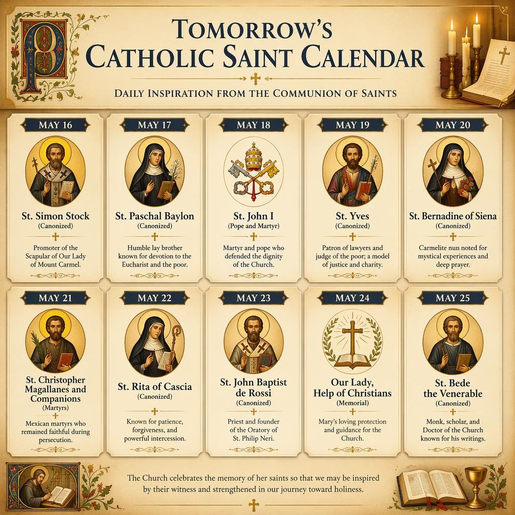 Infografía en cuadrícula con tarjetas del santoral de mañana, iconos, nombres en inglés, detalles litúrgicos y tonos pergamino.