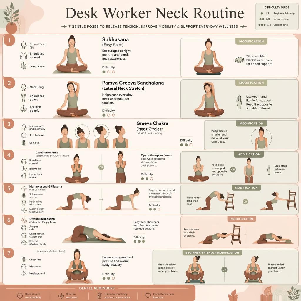 Editorial yoga infographic with 7 numbered neck and posture poses, pastel earth tones, line-drawn figures, and support modifications.