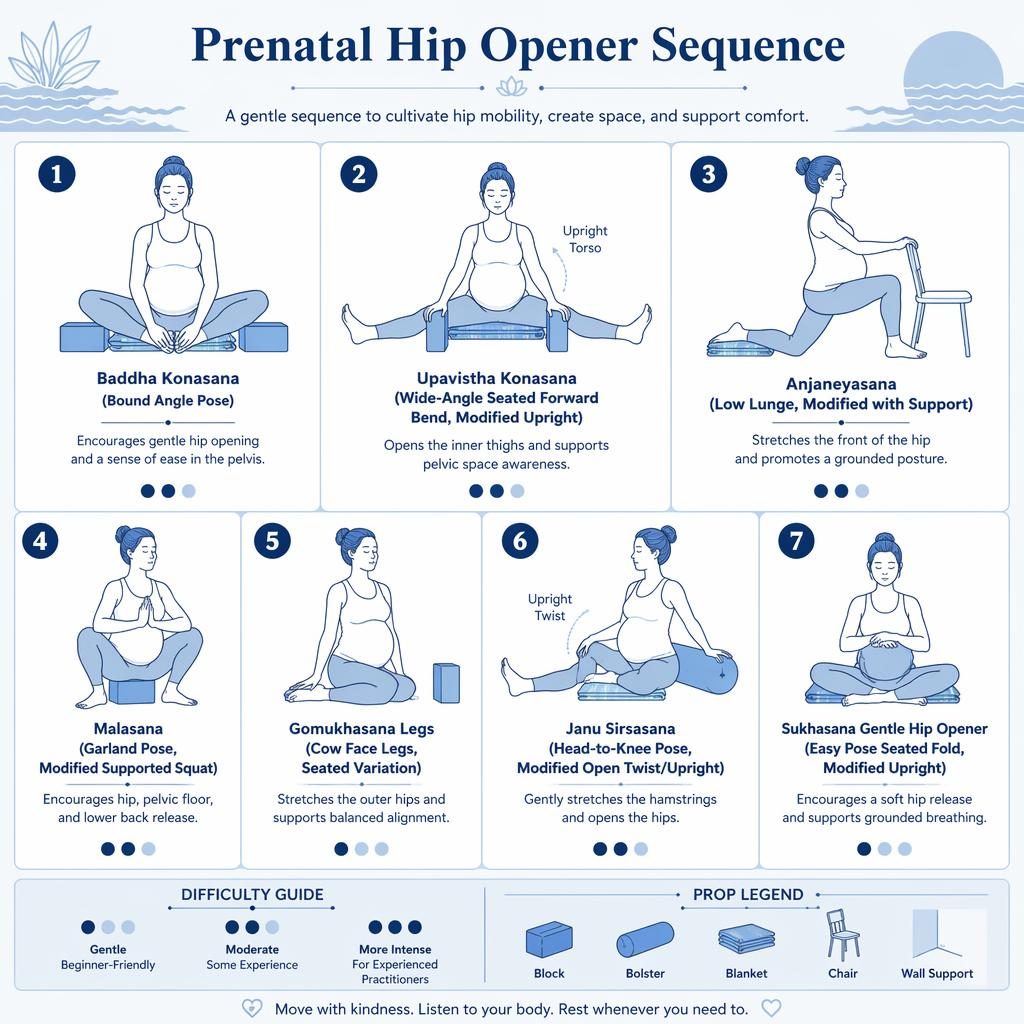 Ocean blue prenatal yoga pose chart with 7 numbered line-drawn figures, props, difficulty dots, and English labels.