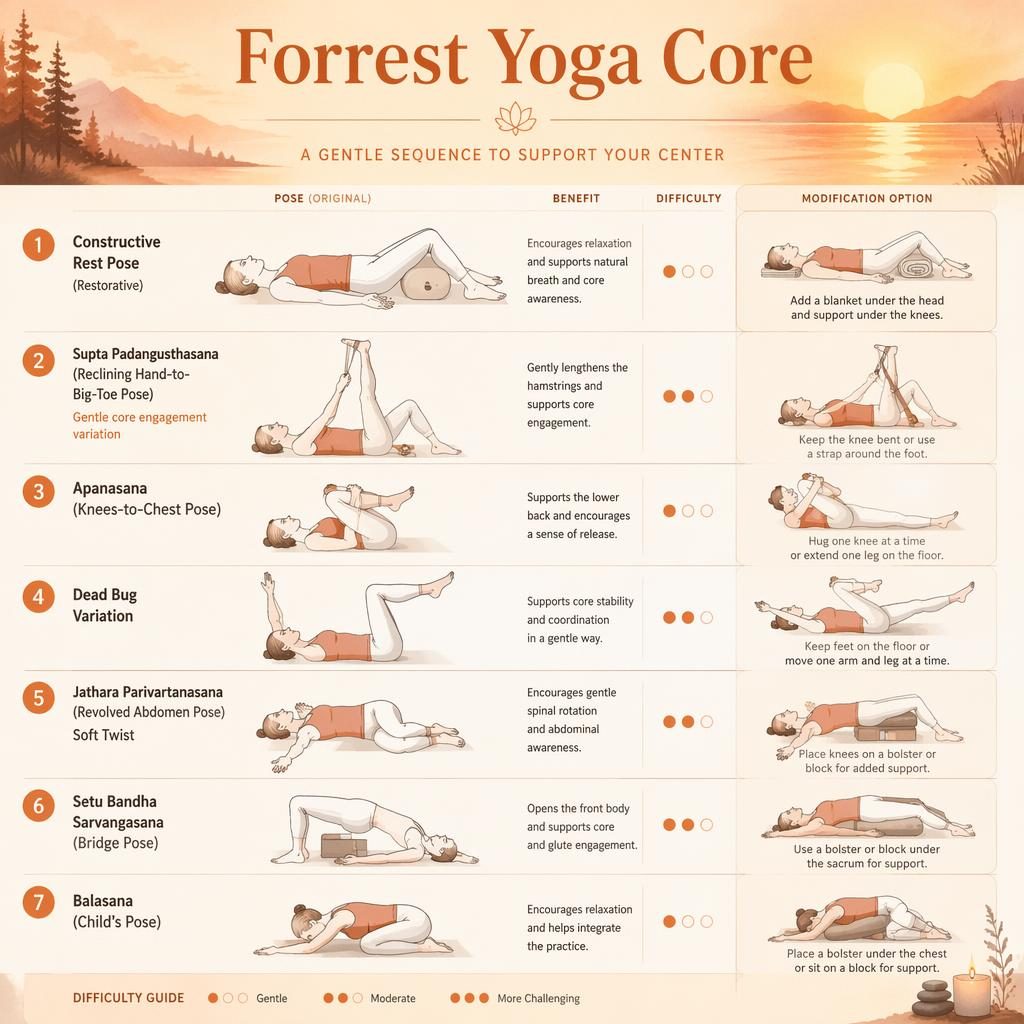Akvarelová infografika se 7 jógovými pozicemi Forrest Yoga Core, oranžová paleta, anglické popisky a úpravy.