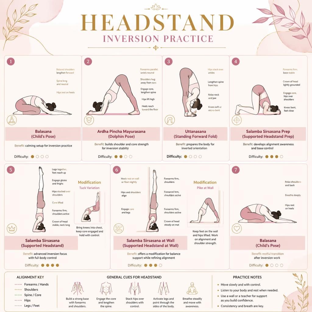 Pastel yoga infographic with 7 numbered headstand practice poses, English labels, benefits, and difficulty dots.