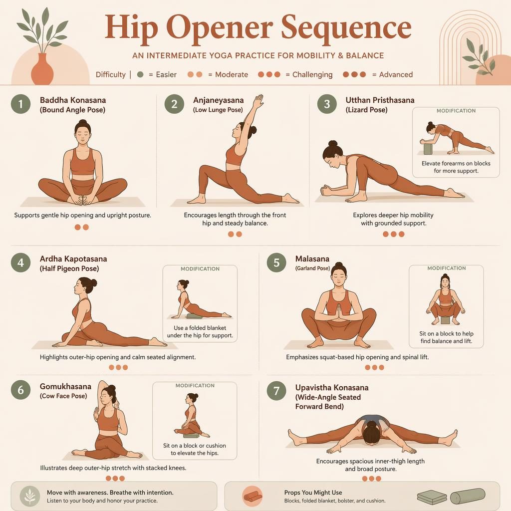Pastel editorial yoga infographic with 7 numbered hip-opening poses, English labels, benefits, difficulty dots, and prop mods.