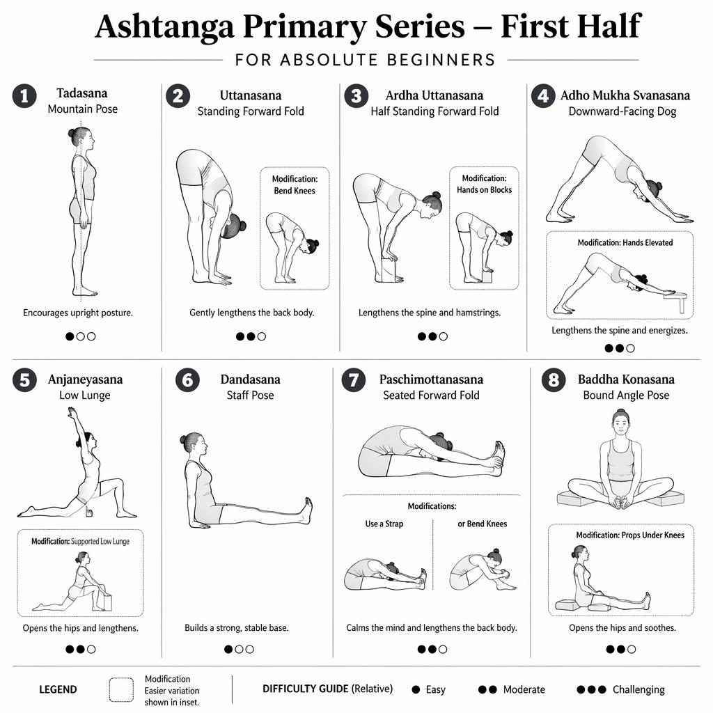 Monochrome infographic with 8 numbered yoga poses, English labels, benefits, difficulty dots, and beginner modifications.