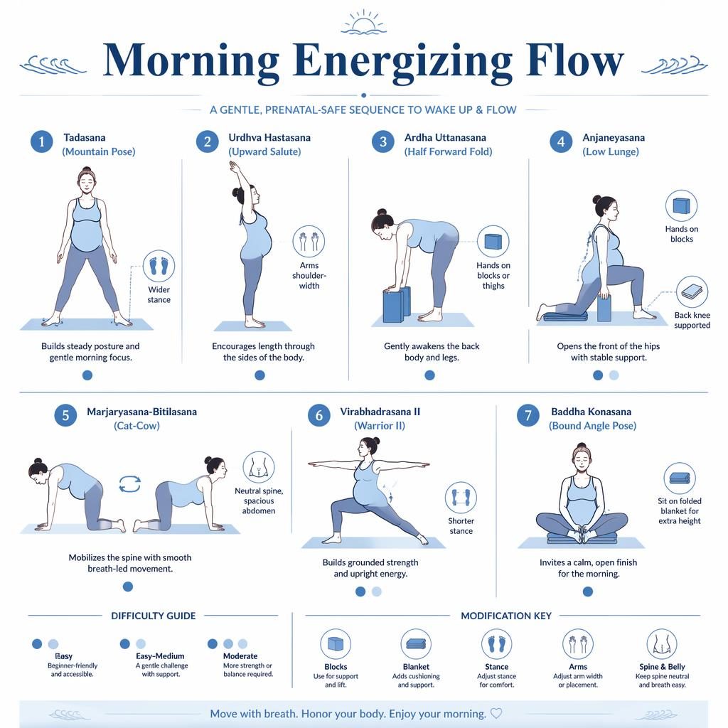 Minimal ocean-blue infographic showing 7 prenatal-safe yoga poses with English labels, benefits, props, and difficulty dots.