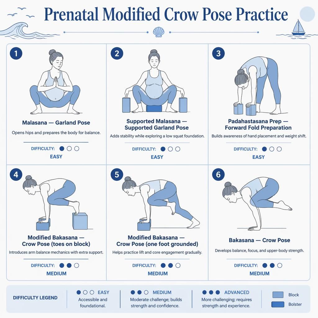 Ocean blue infographic with 6 prenatal-safe crow pose variations, English labels, benefits, and difficulty dots.