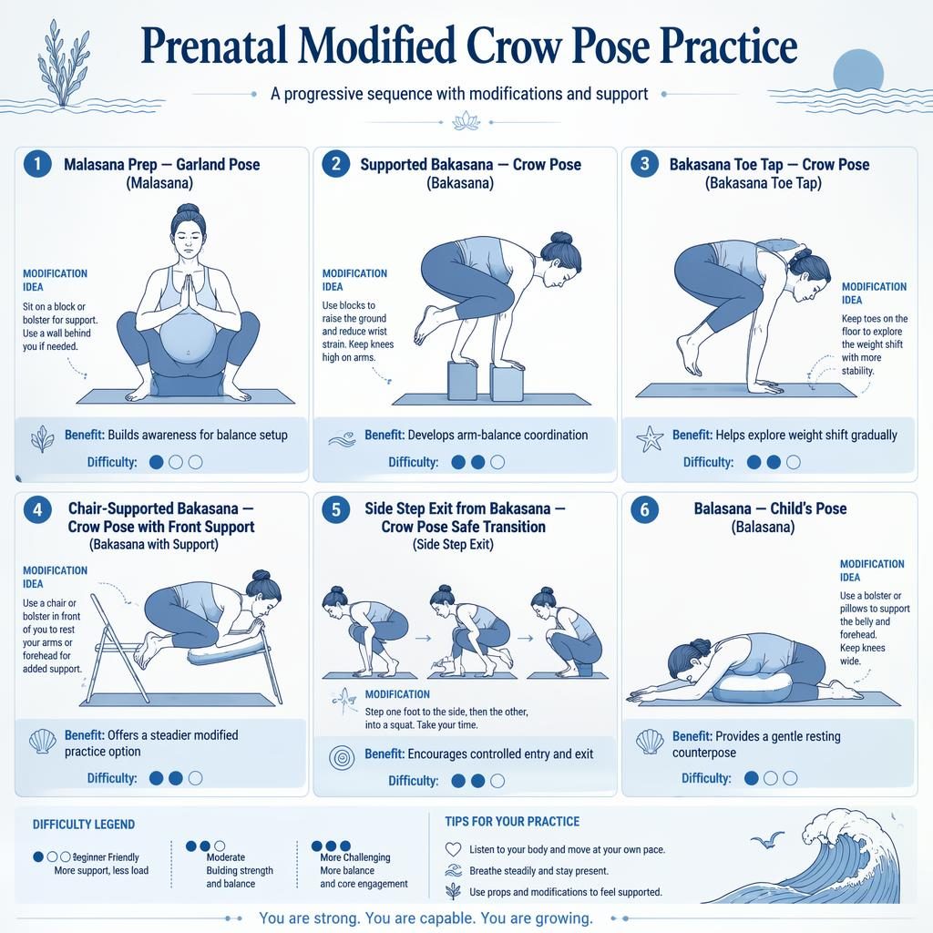 Infographic with 6 prenatal modified Crow Pose figures in ocean blue line art, showing props, toe tap, chair support, and Child's Pose.