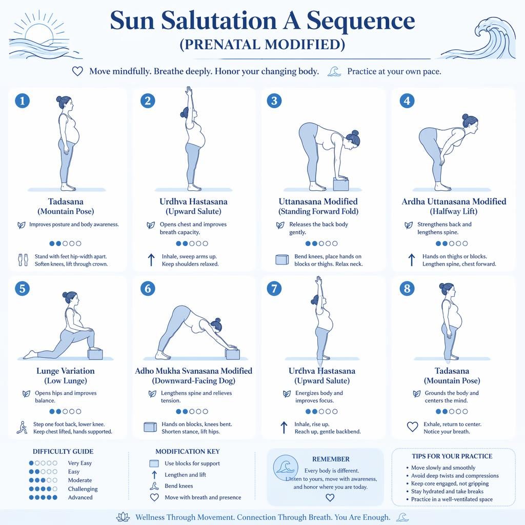 Infographic with 8 numbered prenatal-modified Sun Salutation A yoga figures in blue line art, labeled in English with benefits.