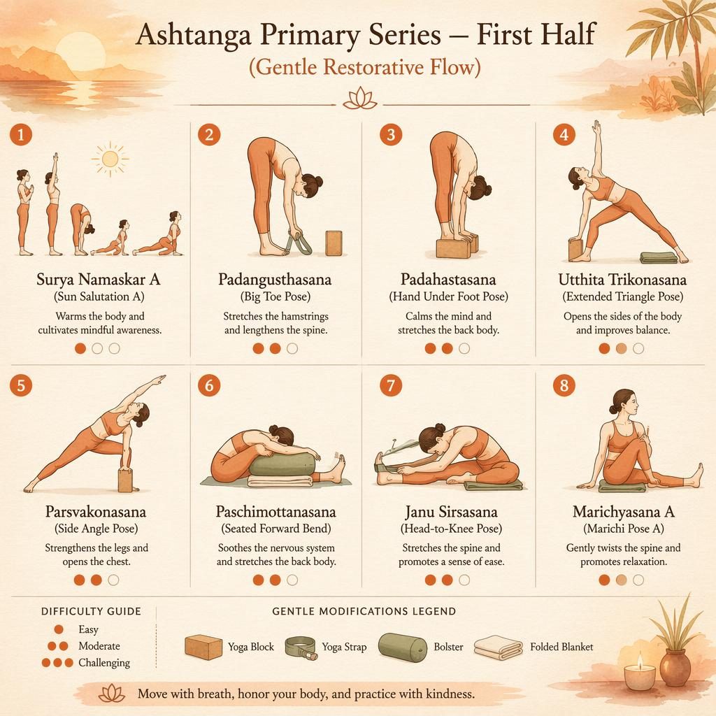 Infographic with 8 numbered yoga poses in a gentle Ashtanga step-by-step flow, line drawings, English labels, benefits, and props.