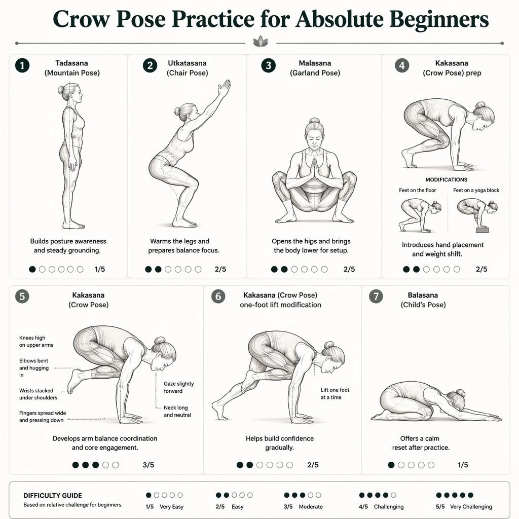 Monochrome yoga infographic with 7 numbered figures showing beginner crow pose progression, modifications, benefits, and dots