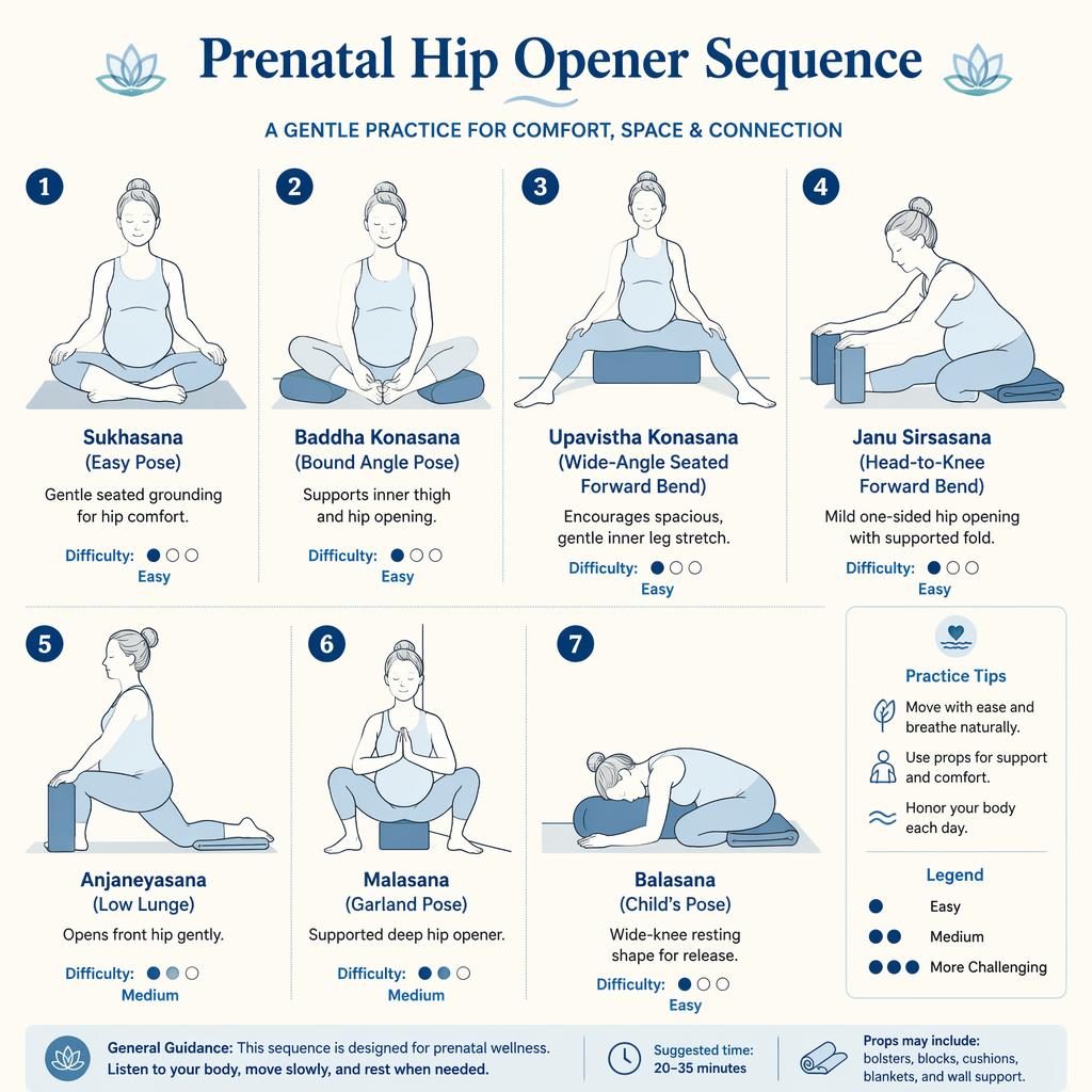 Prenatal yoga infographic with 7 numbered hip opener poses in minimal ocean blue line art and simple yoga sitting posture.