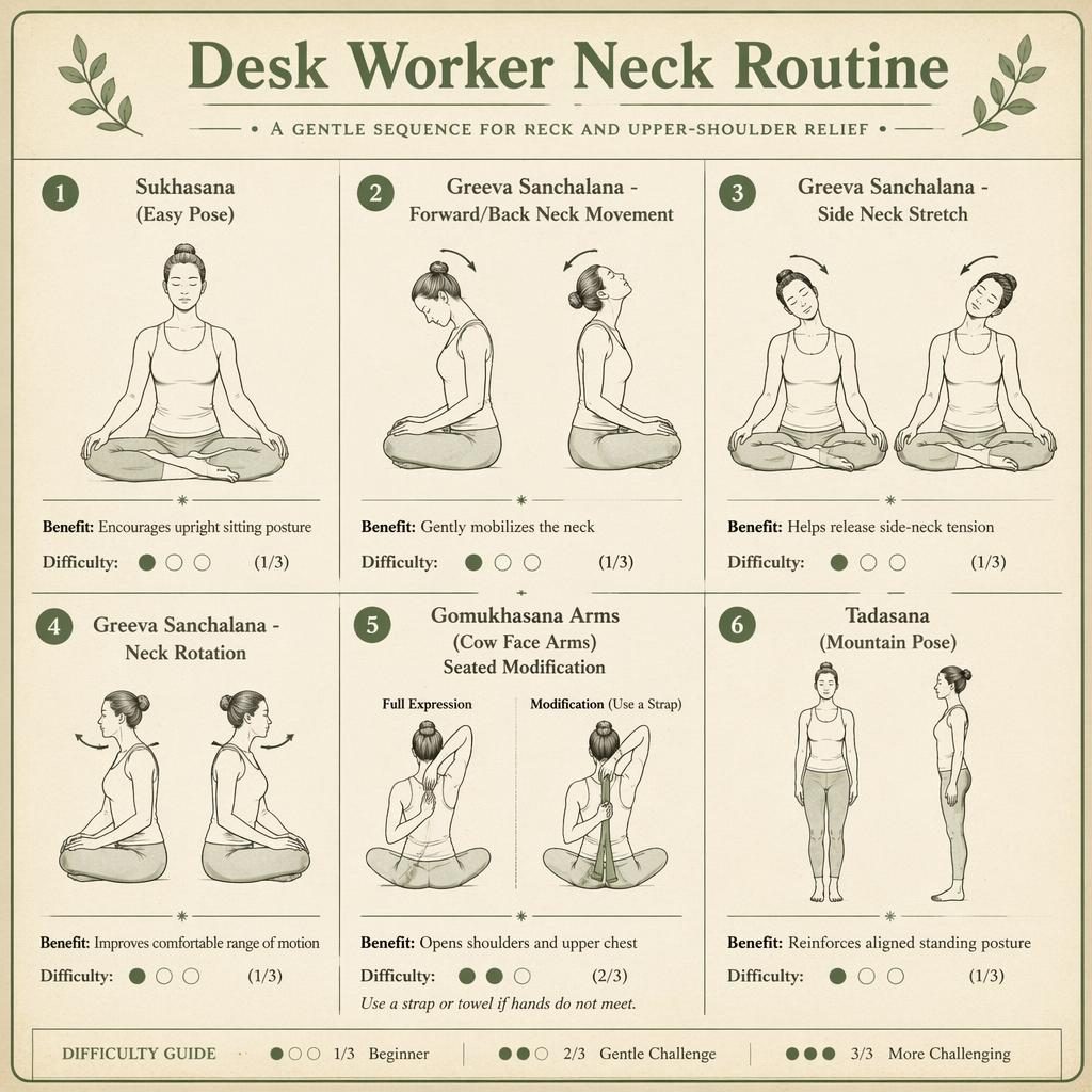 Vintage-style yoga infographic with 6 numbered beginner poses for neck and shoulder relief, in sage and cream tones.