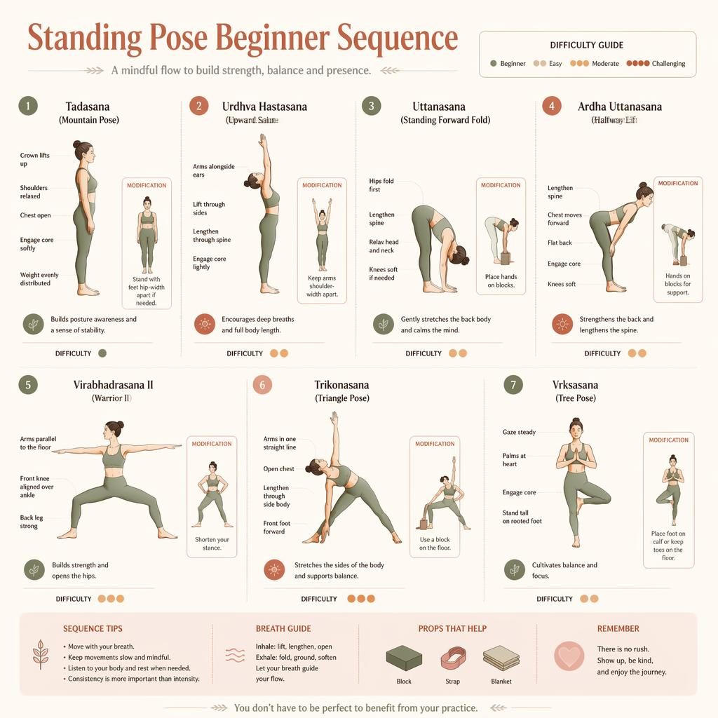 Infographie yoga pastel avec 7 postures debout numérotées, silhouettes anatomiques, flèches d’alignement et variantes.