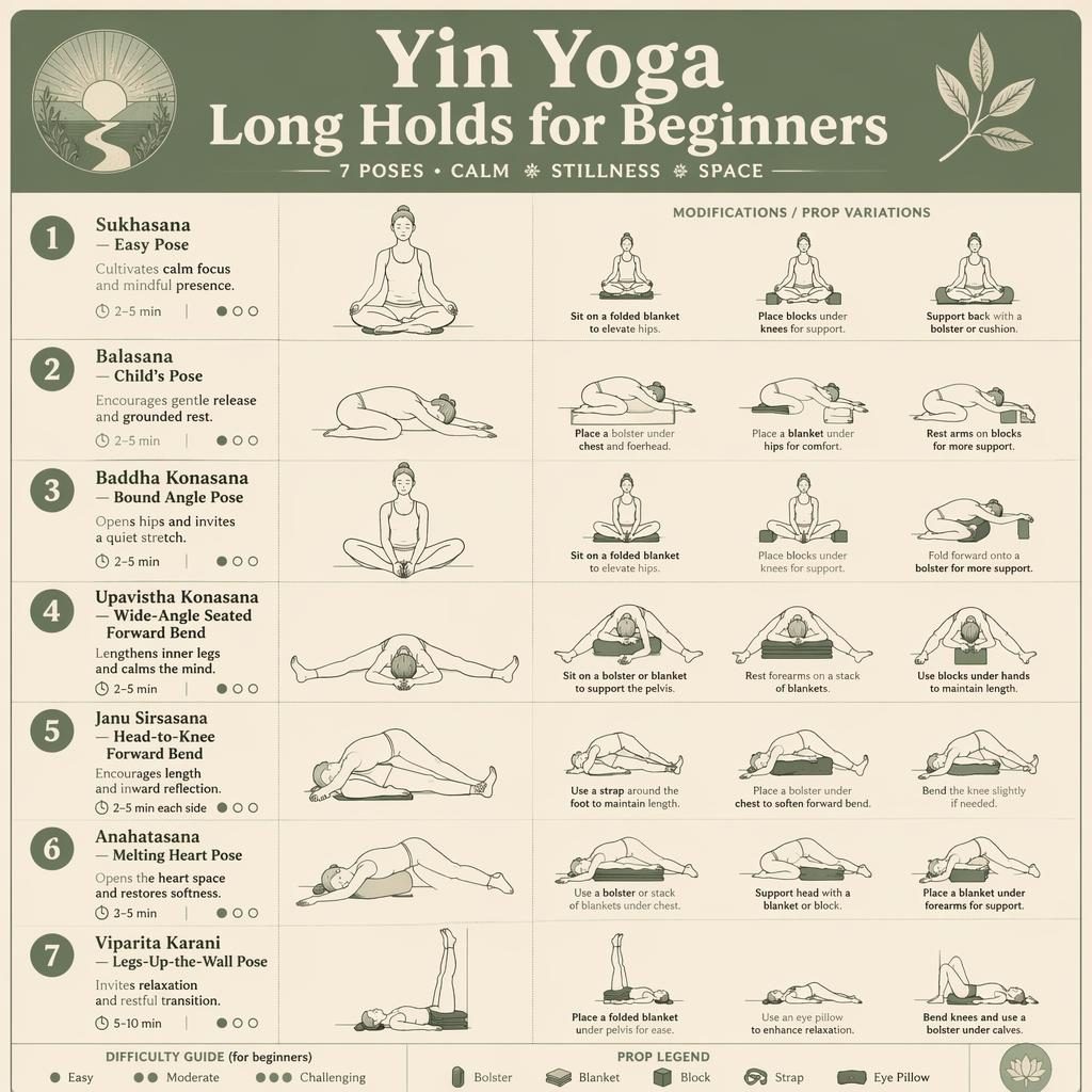 Vintage-style infographic showing 7 beginner yin yoga poses with labels, benefits, difficulty dots, props, and hold metrics.