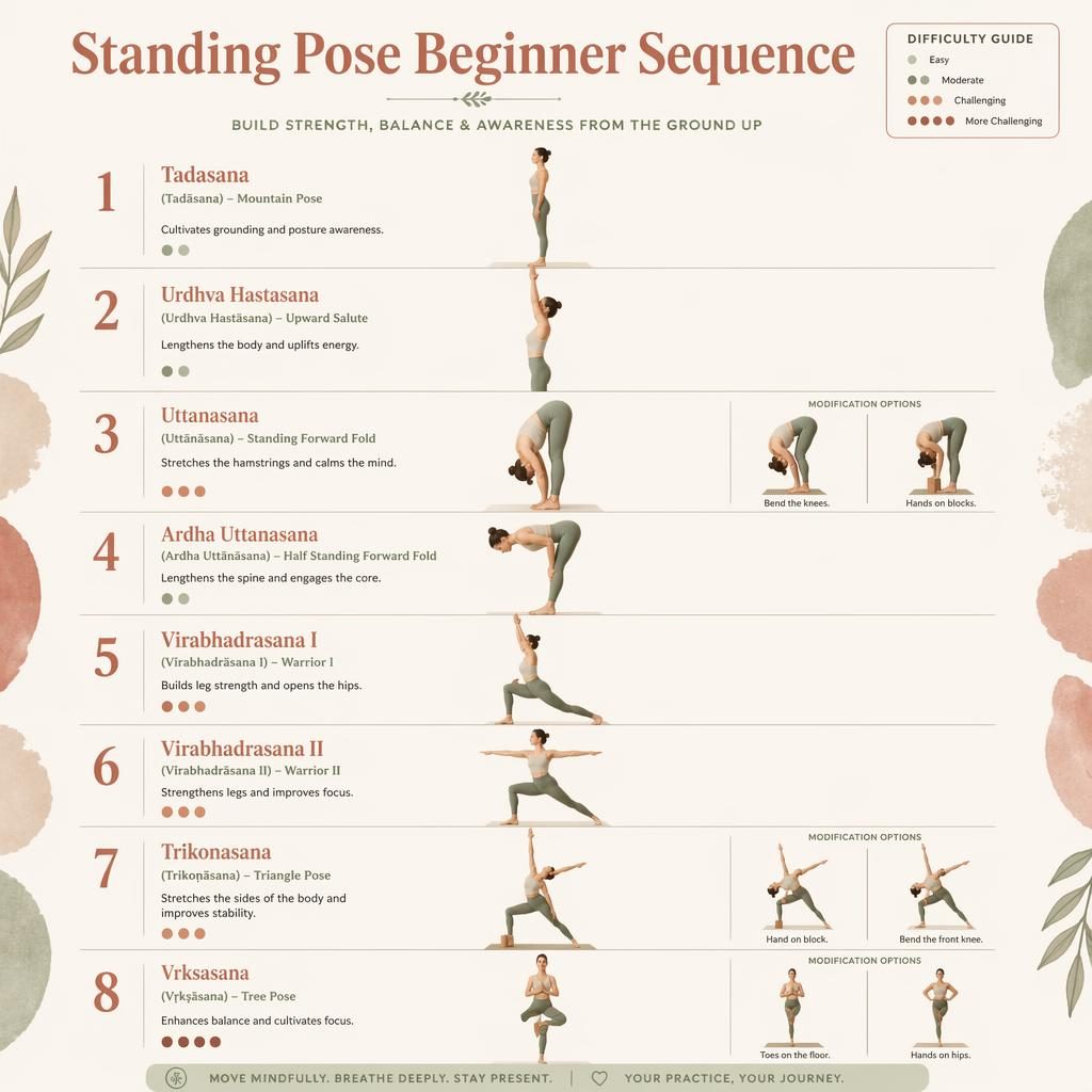 Infographic with 8 numbered standing yoga poses, English labels, benefits, difficulty dots, and modification visuals in pastel tones.