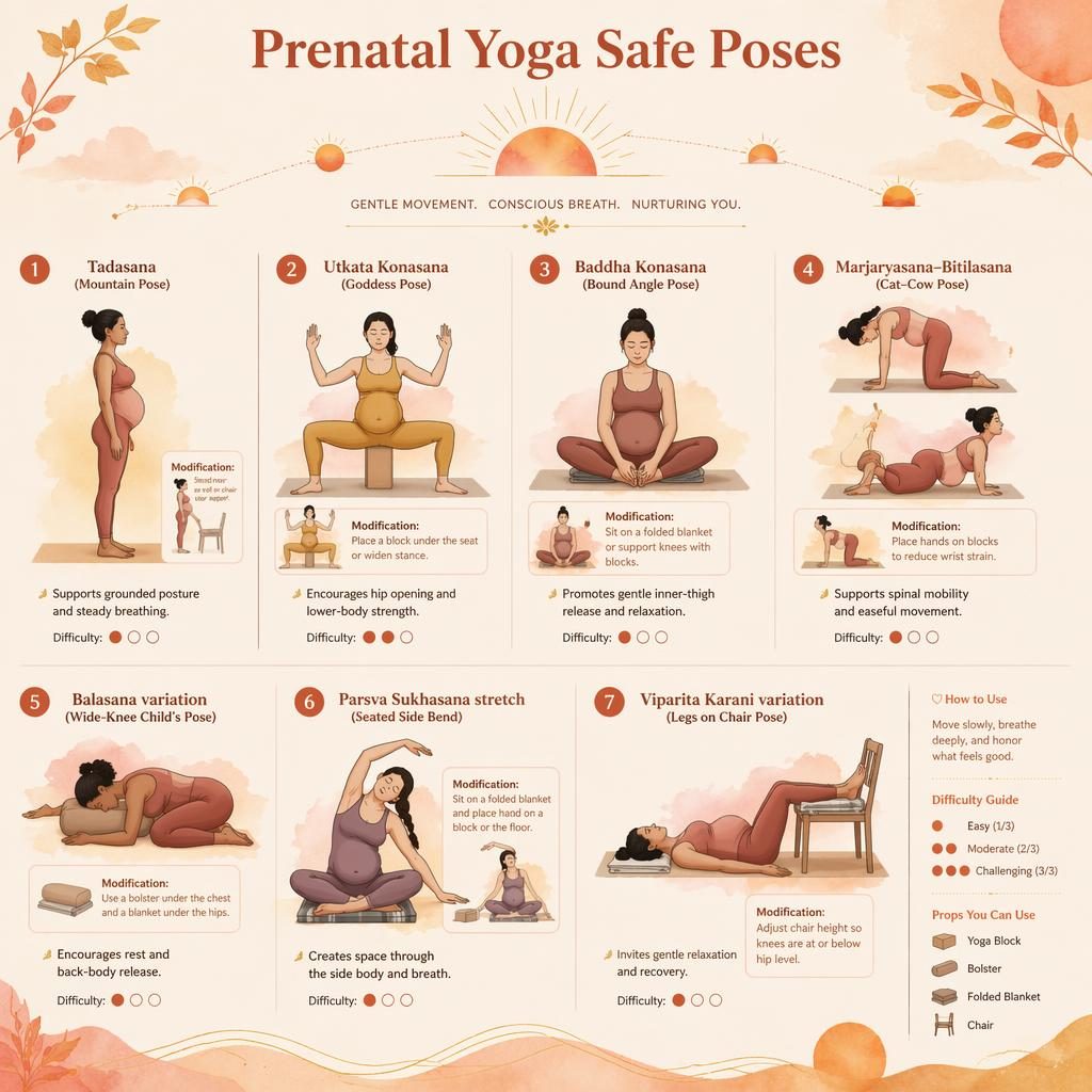Editorial infographic of 7 prenatal yoga safe poses with watercolor silhouettes, support props, labels, benefits, and flow cues.