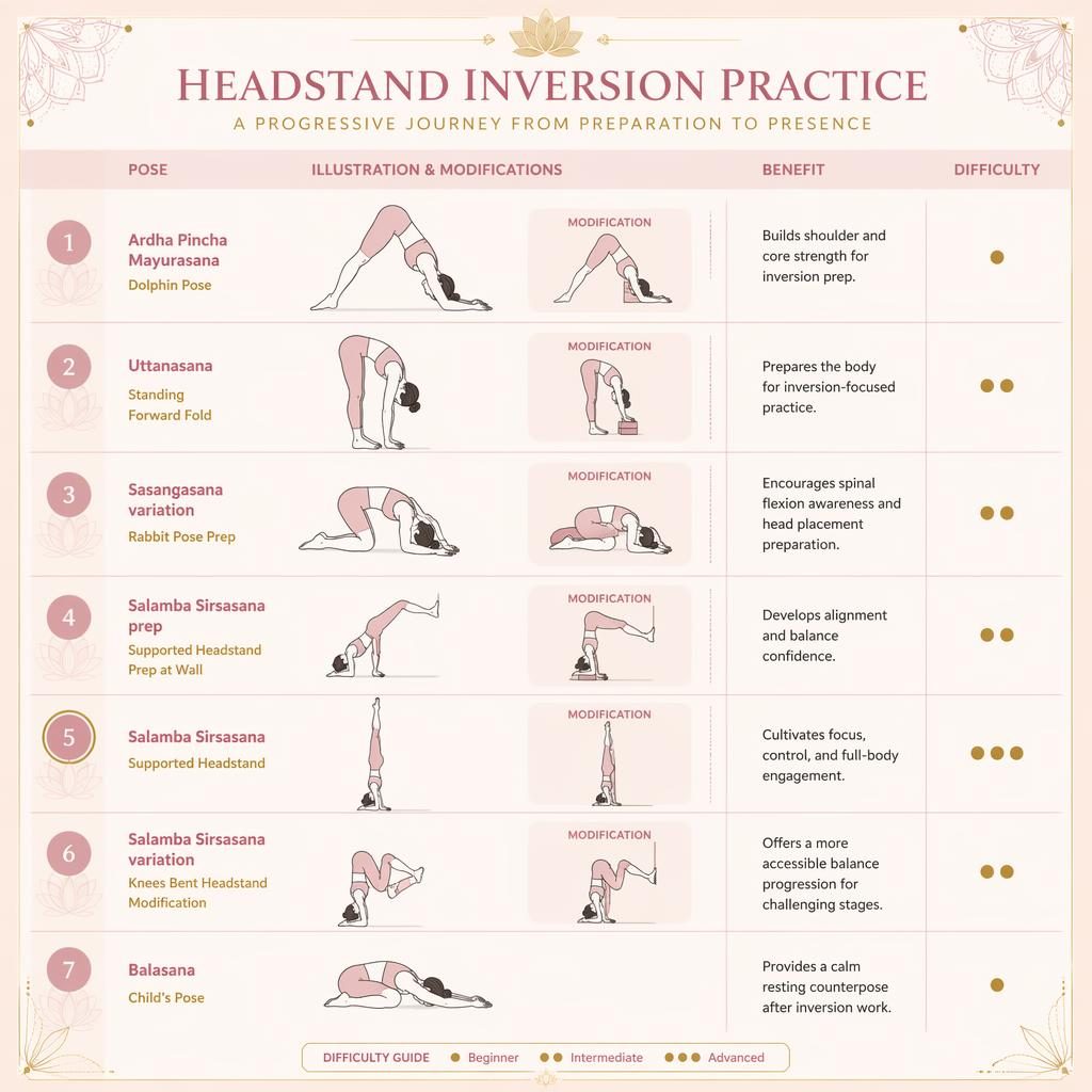 Pastel pink and gold yoga infographic with 7 numbered headstand prep poses, English labels, benefits, difficulty dots, and wall modifications.