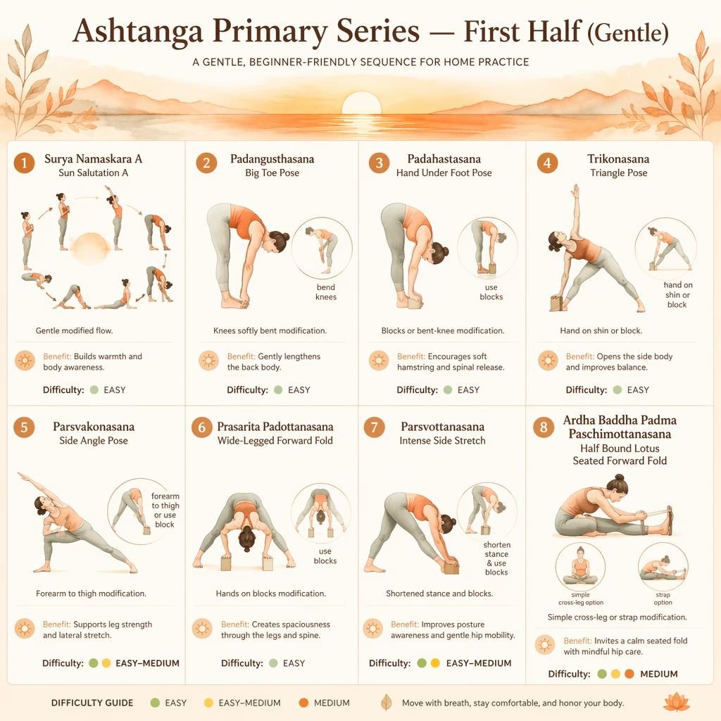 Gentle Ashtanga Primary Series infographic with 8 numbered yoga poses, watercolor silhouettes, English labels and modifications.