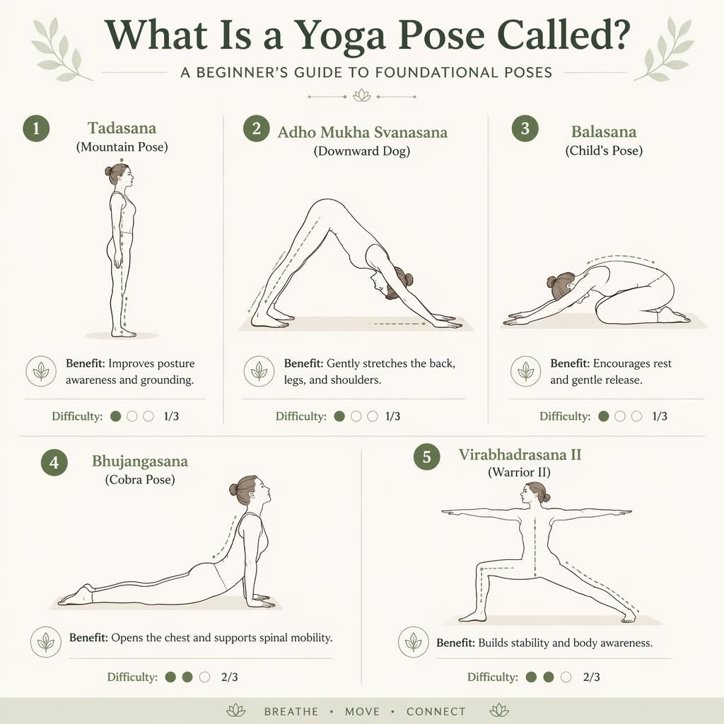 Infographic met 5 genummerde yogahoudingen in salie- en crèmetinten, met Engelse labels, voordelen en moeilijkheidsdots.
