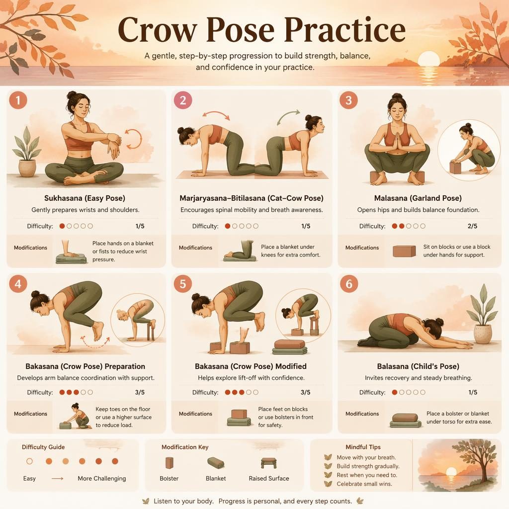 Watercolor yoga infographic with 6 numbered Crow Pose practice steps, props, English labels, and sunset orange palette.