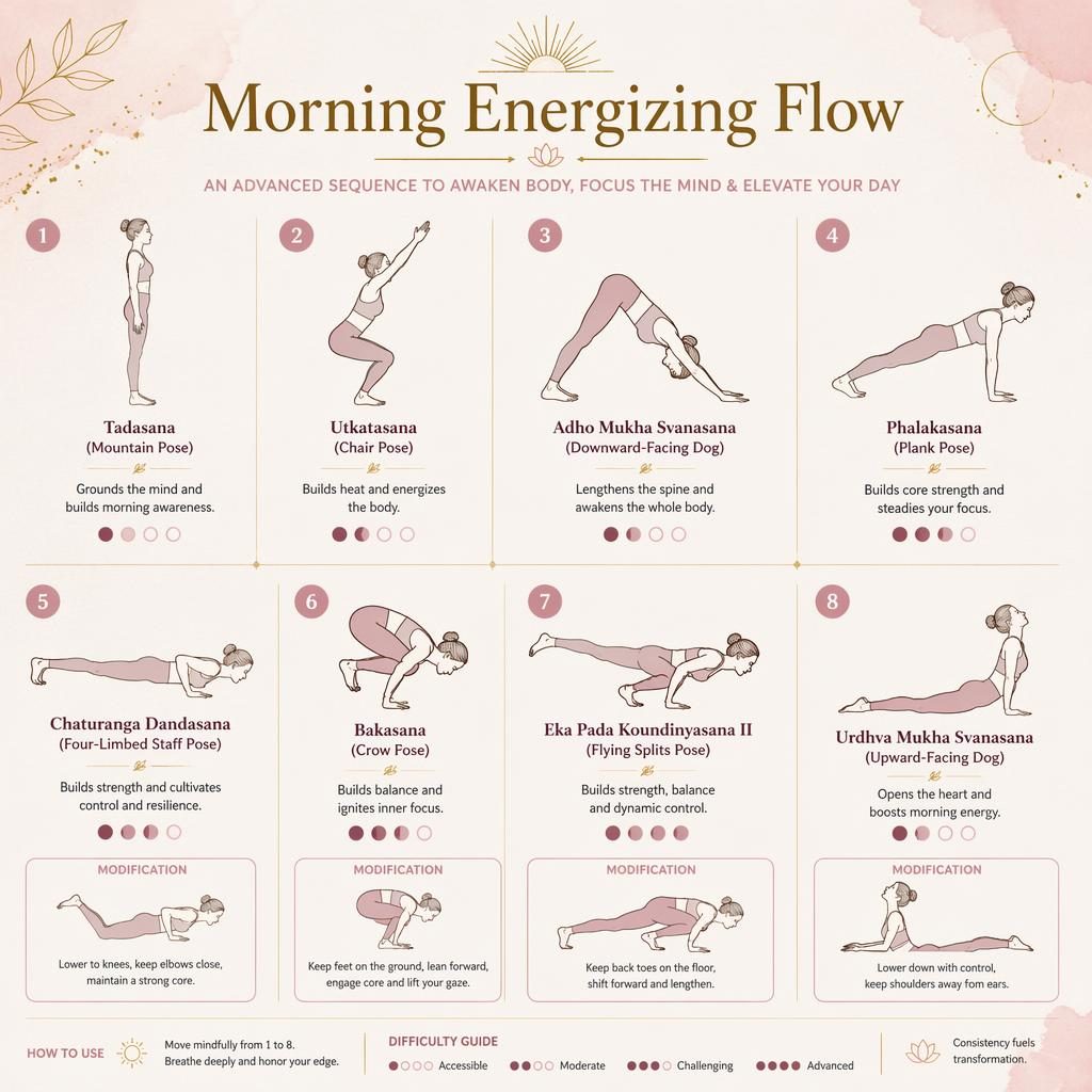 Editorial yoga infographic with 8 numbered poses, line-drawn silhouettes, pastel pink and gold accents, and pose modifications.