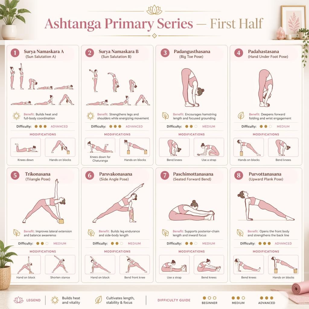 Editorial yoga infographic with 8 numbered Ashtanga poses in a pink and gold grid, with alignment details and small mod insets.