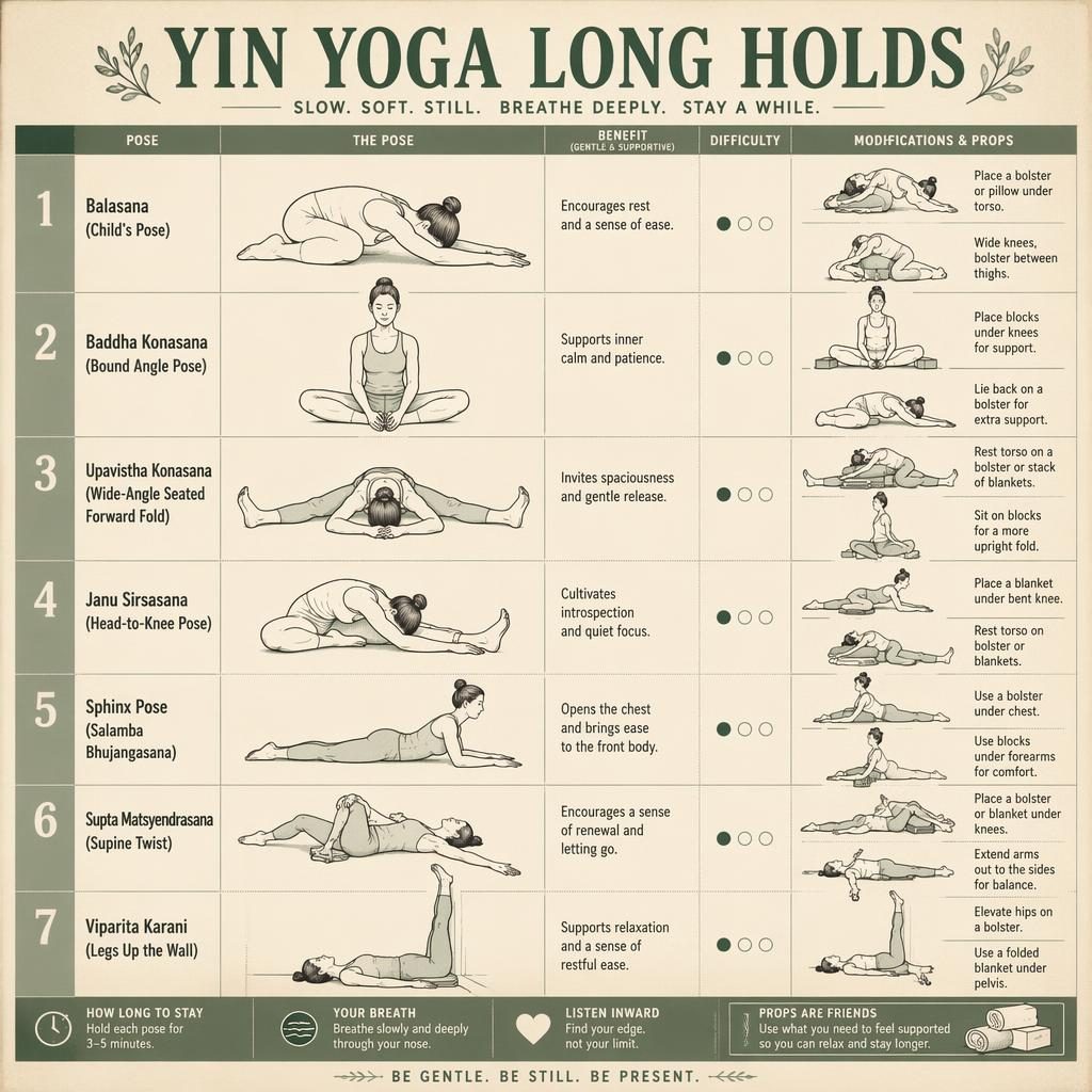 Vintage-style yin yoga infographic with 7 numbered poses, English labels, benefits, difficulty dots, and prop modifications.
