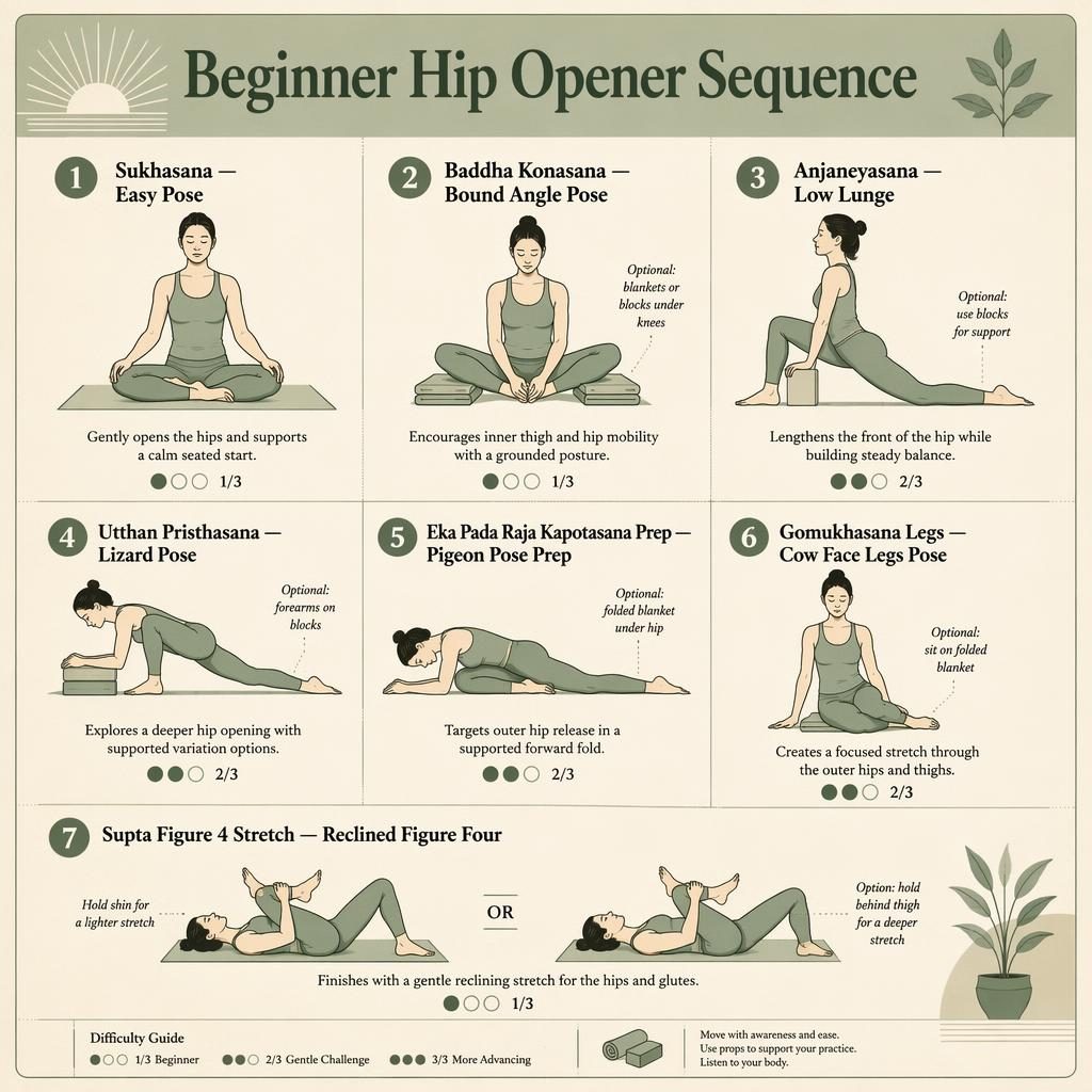 Vintage-style yoga infographic with 7 numbered beginner hip opener poses, sage and cream palette, props, benefits, and difficulty dots.