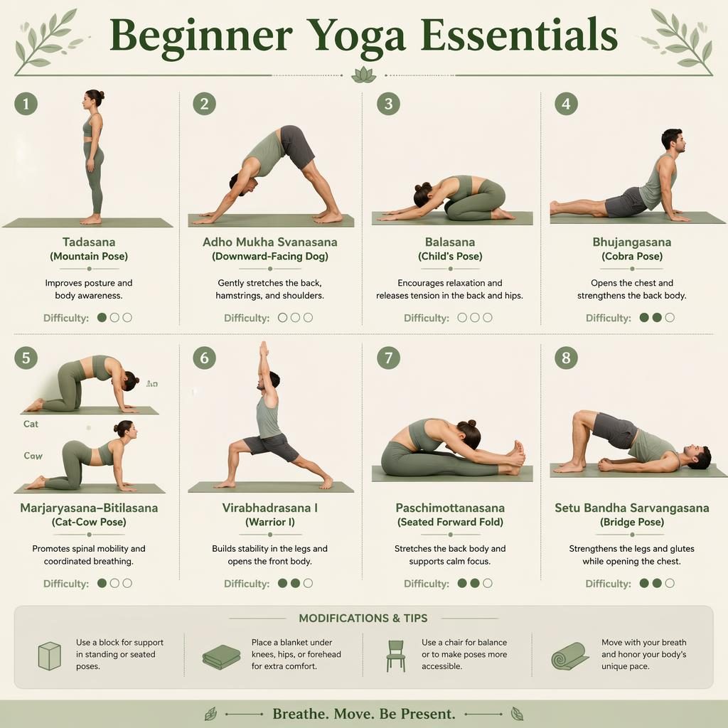 Infographicposter met 8 genummerde yogaoefeningen, afwisselend man en vrouw, in saliegroen en crème met Engelse labels.
