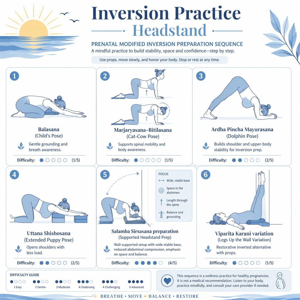 Minimal ocean-blue infographic with 6 prenatal-aware inversion prep poses, props, wall support, labels, benefits and dots.