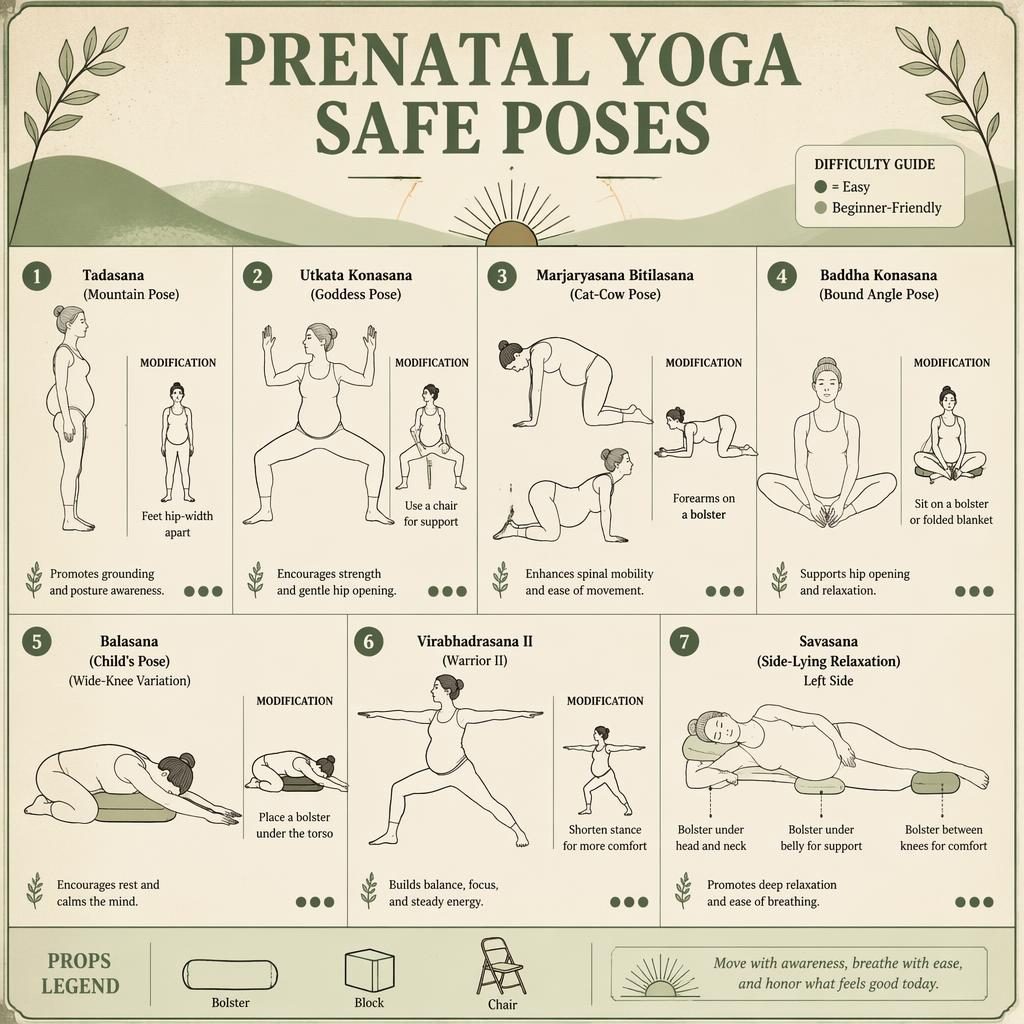 Vintage-style prenatal yoga infographic with 7 numbered safe poses, English labels, benefits, easy dots, and prop mods.