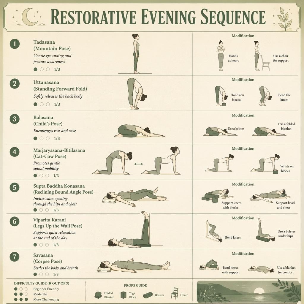 Vertical yoga infographic with 7 numbered restorative poses, English labels, retro sage and cream design, and modification sketches.