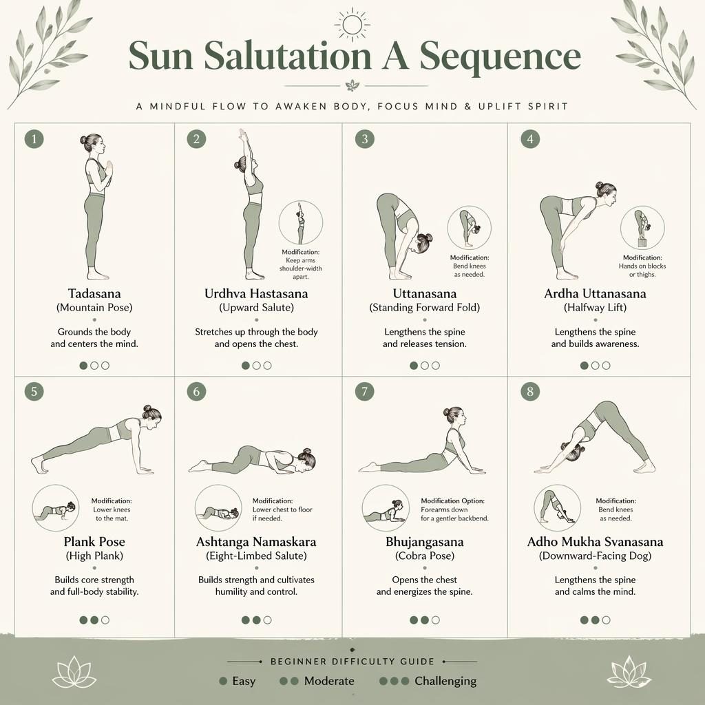 Infographic of 8 Sun Salutation A yoga poses with numbered line-drawn figures, English labels, benefits, and beginner mods.