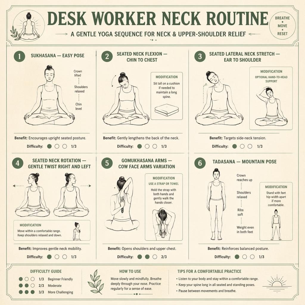 Vintage-style yoga infographic with 6 numbered seated and standing poses for gentle neck and shoulder relief.