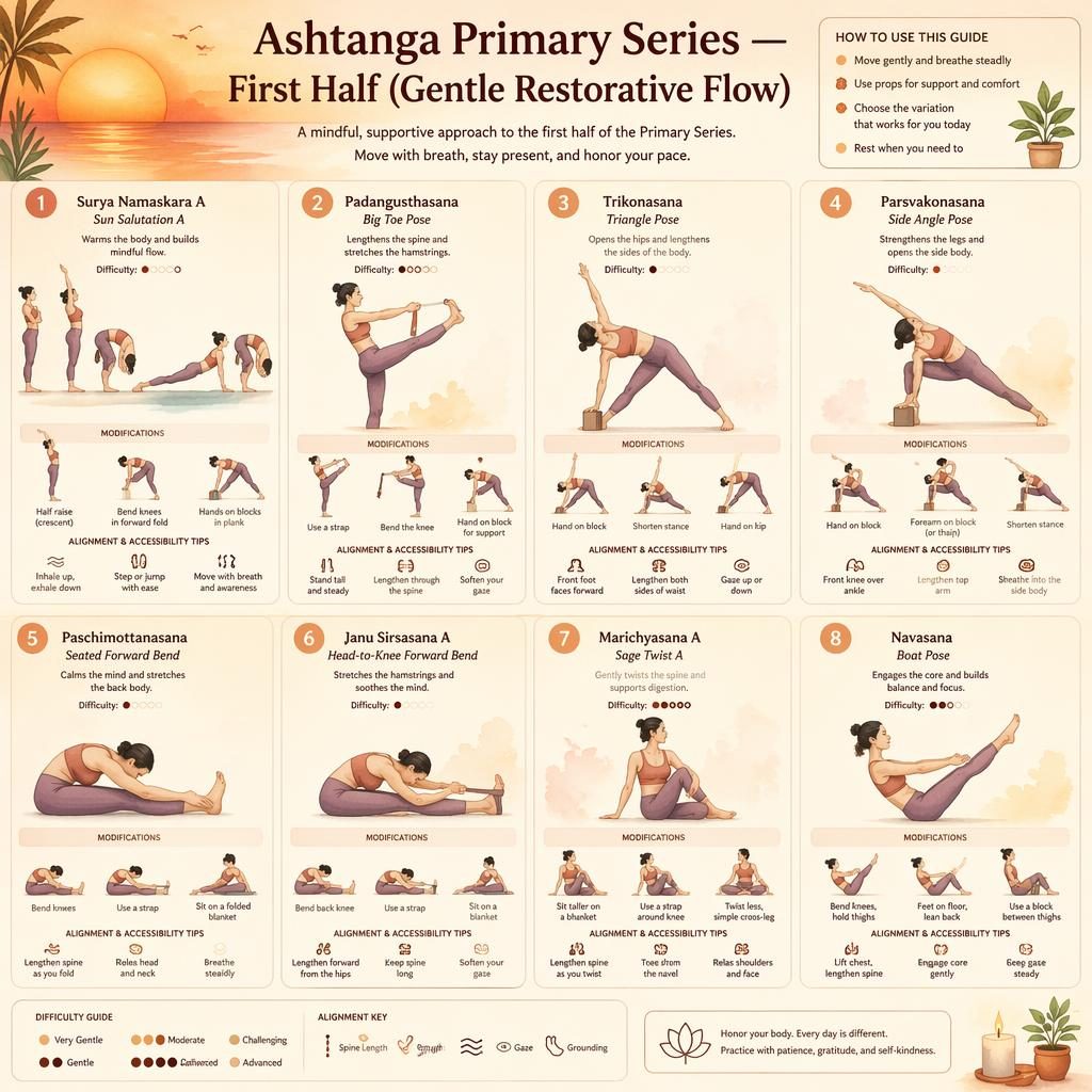 Watercolor yoga infographic with 8 numbered Ashtanga poses, English labels, benefits, difficulty dots, and gentle modifications.