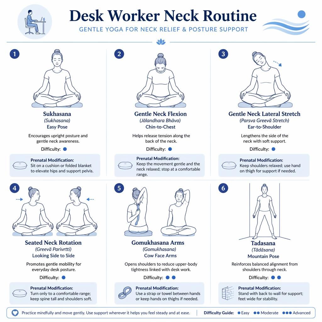 Infographic with 6 prenatal-friendly desk worker neck yoga poses in ocean blue line art on white, with labels and benefits.