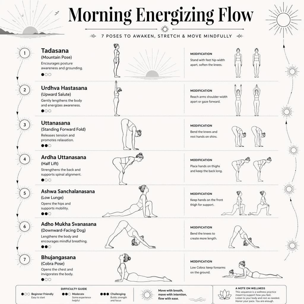 Monochrome yoga pose chart with 7 beginner figures, modifications, benefits, difficulty dots, and sunrise flow motifs.